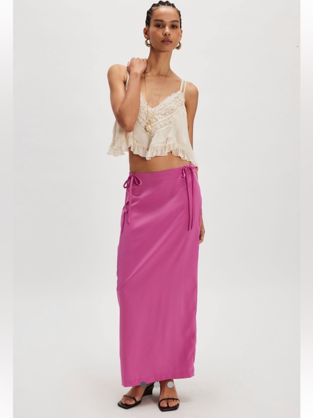 Free People “Super Pink” Rosetto Column Satin Maxi Skirt